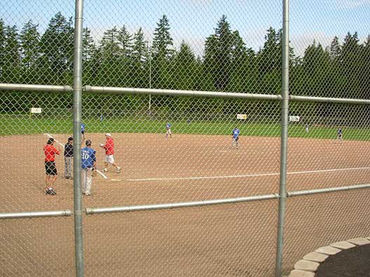 adults playing on a baseball field, chain-link fence, grass, trees, sky